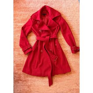 New York & Company Red Wool Blend Belted Trench Coat Size 2